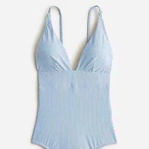J.Crew NWT size 14 plunge one piece swimsuit in blue seersucker